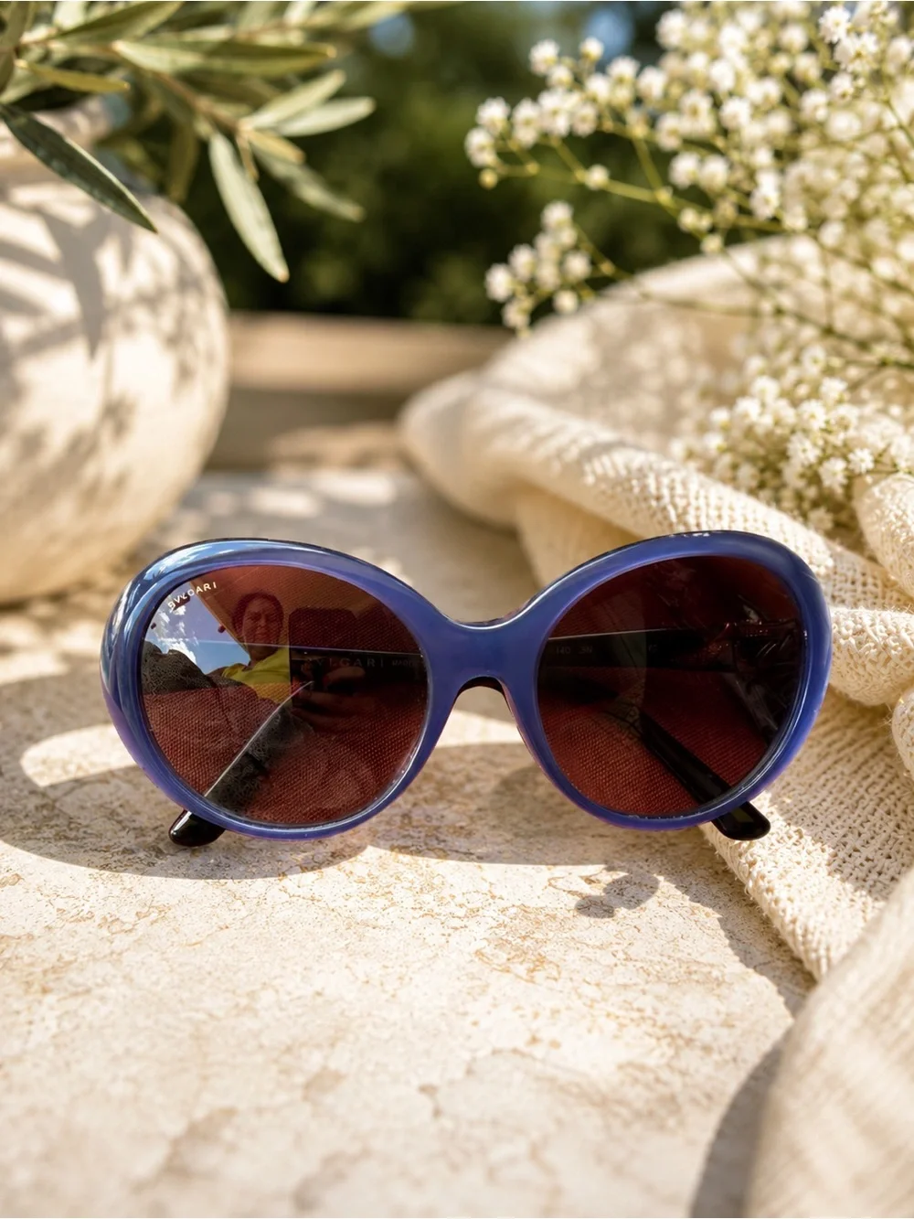 Bulgari Women's Blue Oval Sunglasses with Dark Lenses